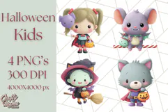 Kawaii Halloween Clipart Cute Kids and Candy Elements Png Product Image 1