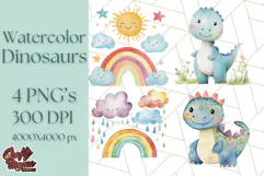 Watercolor Dinosaur and Rainbow PNG Clipart, Baby Nursery Product Image 1