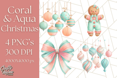 Coral and Aqua Christmas Clipart PNG, Pastel Holiday Art Product Image 1