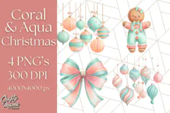 Coral and Aqua Christmas Clipart PNG, Pastel Holiday Art Product Image 1