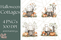 Watercolor Halloween Cottage Clipart, Ghosts &amp; Pumpkins Png Product Image 1