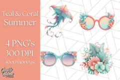 Coral and Aqua Summer Clipart PNG Pastel Tropical Icons Product Image 1