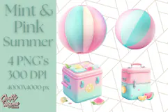 Pink and Mint Summer Clipart PNG Beach Icons, Summer Fun Png Product Image 1