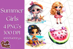 Chibi Summer Girls Clipart PNG, Bright Kawaii Summer Art Product Image 1