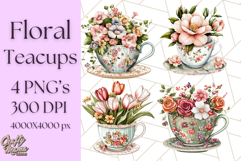 Vintage Floral Teacup Clipart PNG, Blooming Teacups Clip Art Product Image 1