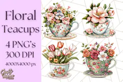 Vintage Floral Teacup Clipart PNG, Blooming Teacups Clip Art Product Image 1