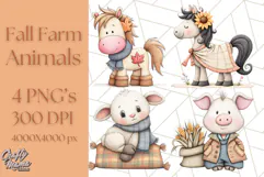 Fall Farm Animal Clipart, Autumn Barnyard PNG Illustrations Product Image 1