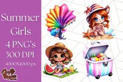 Chibi Summer Girls Clipart PNG, Bright Kawaii Summer Art Product Image 1