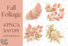 Fall Foliage Clipart PNG, Pink and Green Leaves Product Image 1