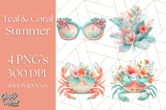 Coral and Aqua Summer Clipart PNG Pastel Tropical Icons Product Image 1