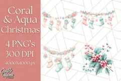 Coral and Aqua Christmas Clipart PNG, Pastel Holiday Art Product Image 1