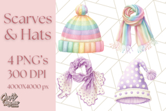 Watercolor Winter Hats and Scarves Clipart PNG Product Image 1