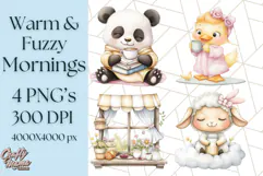 Warm & Fuzzy Mornings PNG Clipart, Cozy Animal Art Download Product Image 1