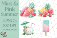 Pink and Mint Summer Clipart PNG Beach Icons, Summer Fun Png Product Image 1