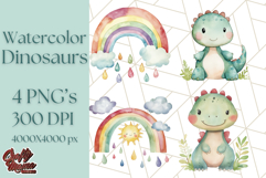 Watercolor Dinosaur and Rainbow PNG Clipart, Baby Nursery Product Image 1