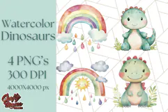 Watercolor Dinosaur and Rainbow PNG Clipart, Baby Nursery Product Image 1