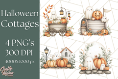 Watercolor Halloween Cottage Clipart, Ghosts &amp; Pumpkins Png Product Image 1