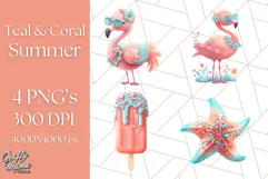 Coral and Aqua Summer Clipart PNG Pastel Tropical Icons Product Image 1