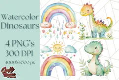 Watercolor Dinosaur and Rainbow PNG Clipart, Baby Nursery Product Image 1