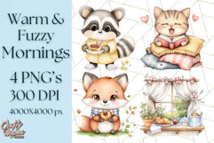 Warm & Fuzzy Mornings PNG Clipart, Cozy Animal Art Download Product Image 1