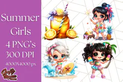 Chibi Summer Girls Clipart PNG, Bright Kawaii Summer Art Product Image 1