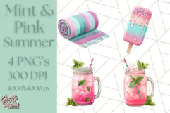Pink and Mint Summer Clipart PNG Beach Icons, Summer Fun Png Product Image 1