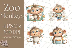 Zoo Monkeys Clipart, Cute Cartoon Jungle Monkeys PNG Product Image 1
