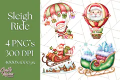 Santa Sleigh Ride Clipart PNG, Flying Reindeer Christmas Art Product Image 1