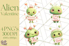Green Alien Valentine Clipart PNG, Cute Alien Valentines Product Image 1
