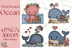 Patriotic Ocean Animals Clipart, Whimsical Red White Blue Product Image 1