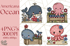 Patriotic Ocean Animals Clipart, Whimsical Red White Blue Product Image 1