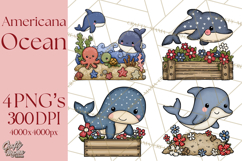 Patriotic Ocean Animals Clipart, Whimsical Red White Blue Product Image 1