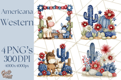 Patriotic Western Clipart, Whimsical Red White Blue Desert Product Image 1