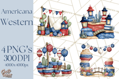 Patriotic Western Clipart, Whimsical Red White Blue Desert Product Image 1