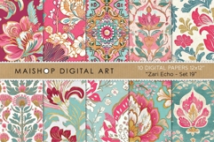 Ornate zari echo seamless patterns with bold magenta and teal floral designs and golden bohemian ornamental details.