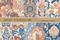 Ornate zari echo seamless patterns with bold teal and mustard floral designs and warm bohemian ornamental details.