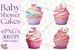 Watercolor Baby Shower Cakes PNG, Cupcakes, Tiered Desserts Product Image 1