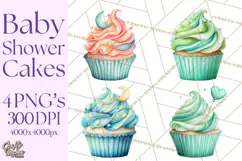 Watercolor Baby Shower Cakes PNG, Cupcakes, Tiered Desserts Product Image 1