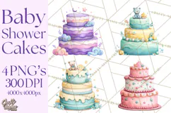 Watercolor Baby Shower Cakes PNG, Cupcakes, Tiered Desserts Product Image 1