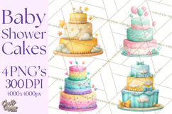 Watercolor Baby Shower Cakes PNG, Cupcakes, Tiered Desserts Product Image 1