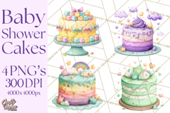 Watercolor Baby Shower Cakes PNG, Cupcakes, Tiered Desserts Product Image 1