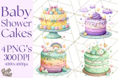 Watercolor Baby Shower Cakes PNG, Cupcakes, Tiered Desserts Product Image 1