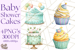 Watercolor Baby Shower Cakes PNG, Cupcakes, Tiered Desserts Product Image 1