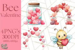 Bee Valentine Clipart PNG, Cute Kawaii Bee With Hearts Product Image 1