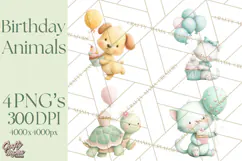 Pastel Birthday Clipart, Cute Party Animals PNG Product Image 1