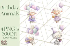 Pastel Birthday Clipart, Cute Party Animals PNG Product Image 1