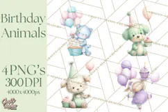 Pastel Birthday Clipart, Cute Party Animals PNG Product Image 1