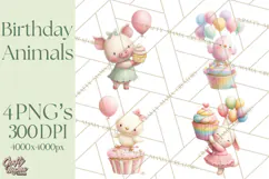 Pastel Birthday Clipart, Cute Party Animals PNG Product Image 1