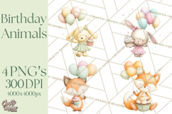 Pastel Birthday Clipart, Cute Party Animals PNG Product Image 1