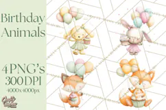Pastel Birthday Clipart, Cute Party Animals PNG Product Image 1